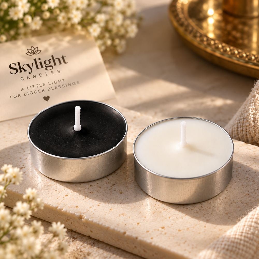 Milky White and Black tealight candles close-up