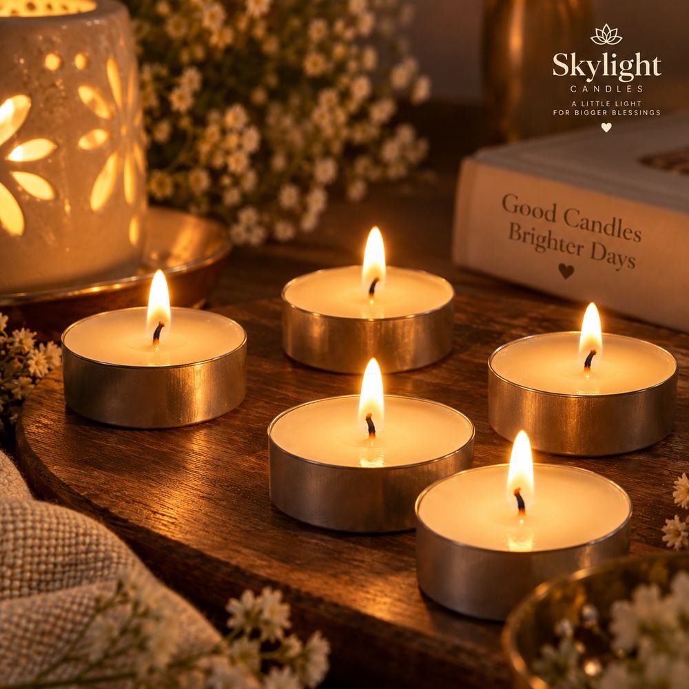 Tealight candles glowing at night